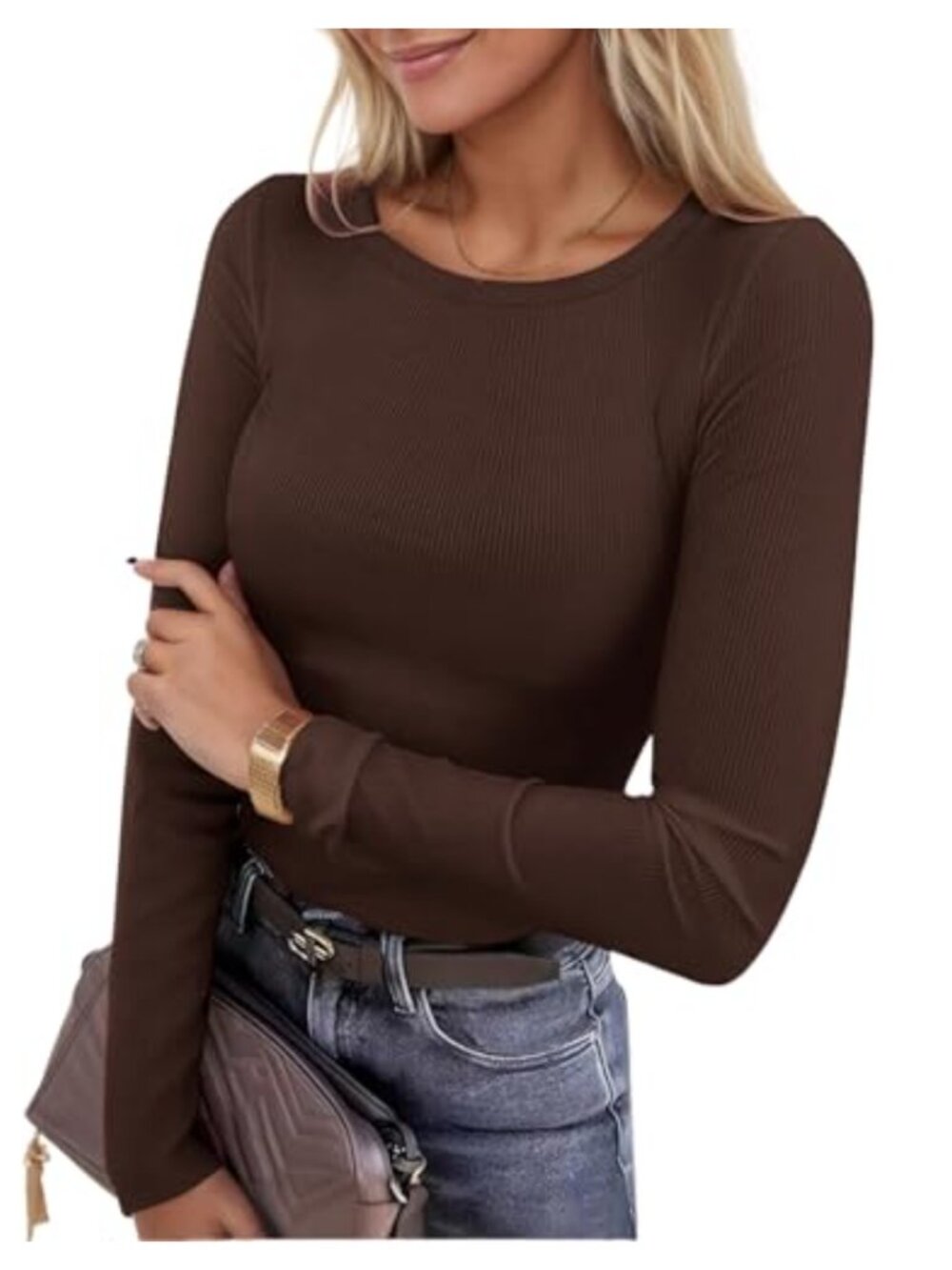 Womens Ribbed Knit Long Sleeve Crewneck Slim Fit T-Shirt